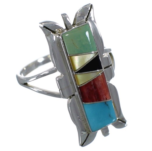 Genuine Sterling Silver Multicolor Inlay Ring Size 7-1/4 EX44316