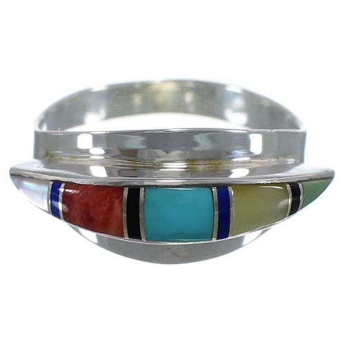 Southwest Multicolor Inlay Silver Ring Size 7-1/2 EX45042