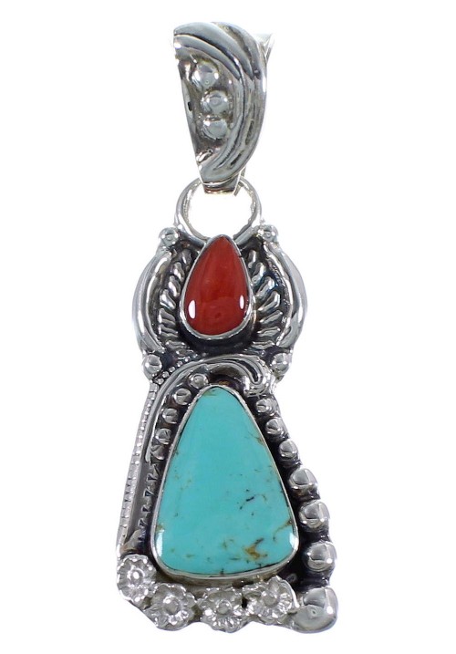 Southwestern Turquoise Coral Flower Sterling Silver Pendant CX46679