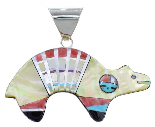 Turquoise Multicolor Inlay Sterling Silver Bear Sun Pendant KX44051