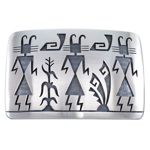 Hopi George Phillips Corn Stalk Water Wave Silver Belt Buckle EX48134