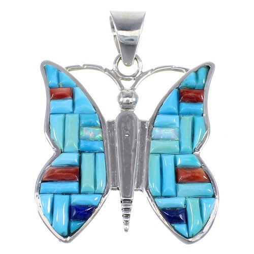 Multicolor Inlay Butterfly Genuine Sterling Silver Pendant AS26792