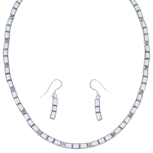 White Inlay Opal Sterling Silver Link Necklace Earrings Set EX47286