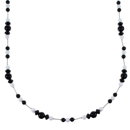 Onyx And White Agate Liquid Silver Bead Necklace EX49712