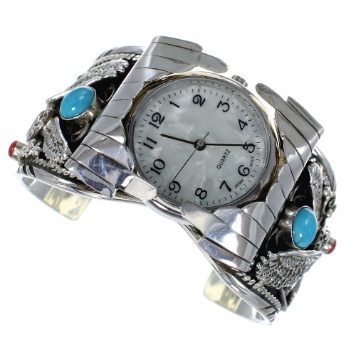 Sterling Silver Eagle Southwest Turquoise And Coral Cuff Watch CX47929