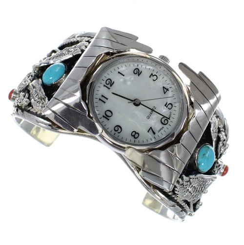 Turquoise And Coral Eagle Southwest Sterling Silver Cuff Watch CX47933