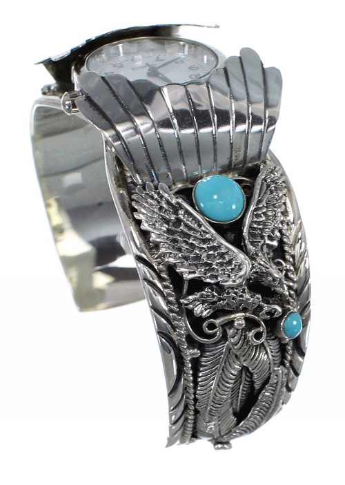 Authentic Sterling Silver Eagle Southwest Turquoise Cuff Watch CX47990