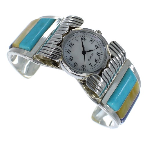 Multicolor Inlay Sterling Silver Southwestern Cuff Watch CX48652