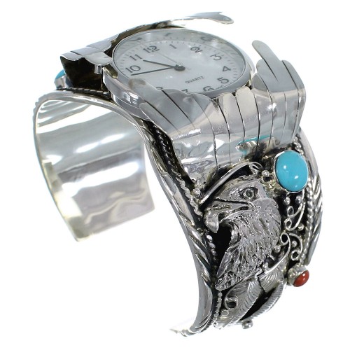 Turquoise And Coral Southwest Sterling Silver Eagle Cuff Watch CX48265