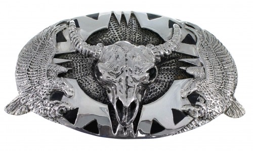 Jet And Genuine Sterling Silver Cow Skull Eagle Belt Buckle EX48467