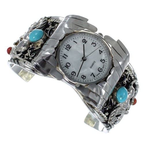 Turquoise And Coral Horse Sterling Silver Southwest Cuff Watch CX48668