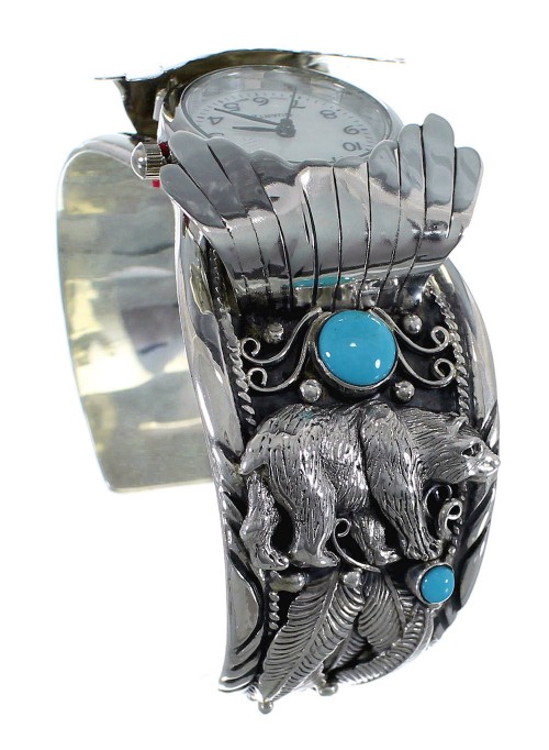 Genuine Sterling Silver Turquoise Southwest Bear Cuff Watch CX48732