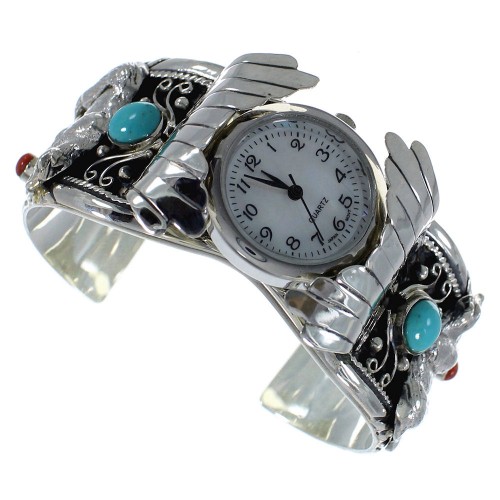 Sterling Silver Southwest Turquoise And Coral Bear Cuff Watch CX48742