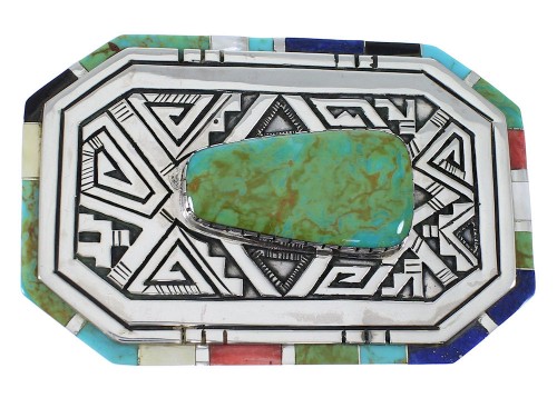 Multicolor Inlay Sterling Silver Water Wave Belt Buckle EX48759