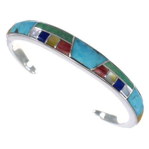 Southwest Authentic Sterling Silver Multicolor Cuff Bracelet CX49487