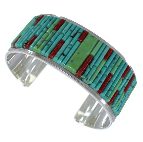 Genuine Silver Turquoise Coral Southwest Cuff Bracelet CX49438