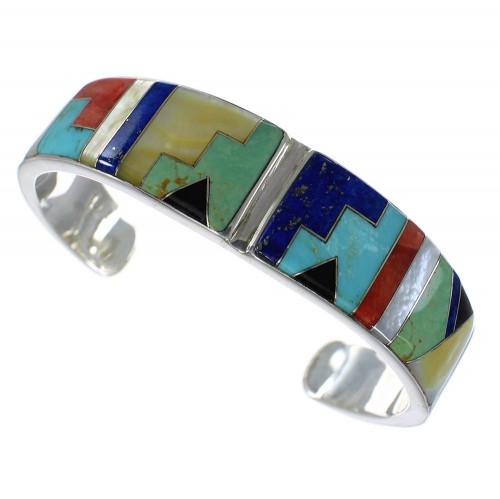 Sterling Silver Multicolor Inlay Southwest Heavy Cuff Bracelet CX49886