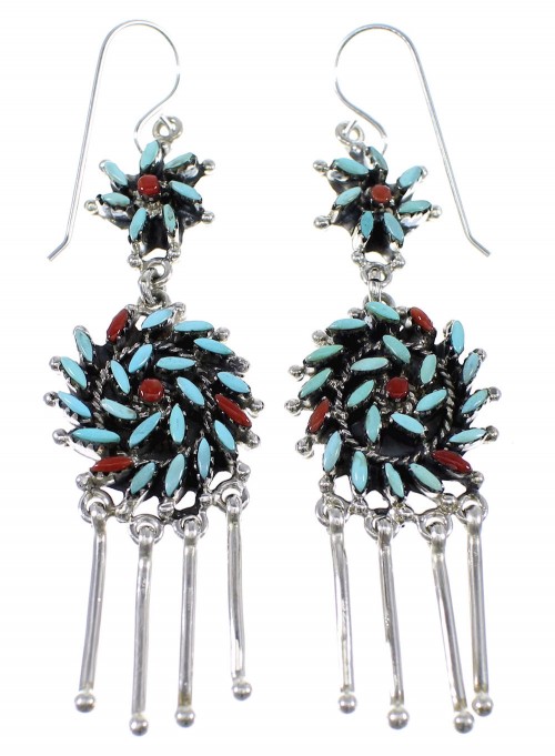 Sterling Silver Turquoise Coral Needlepoint Hook Earrings AX51083