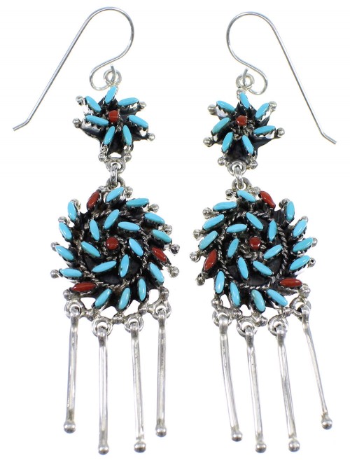 Silver Turquoise And Coral Needlepoint Hook Dangle Earrings AX51086