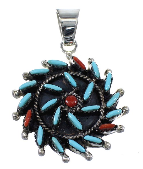 Turquoise And Coral Sterling Silver Needlepoint Pendant AX51137