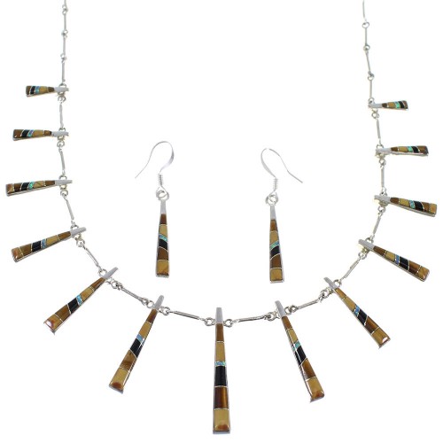 Sterling Silver Multicolor Inlay Southwest Necklace And Earring Set CX51117