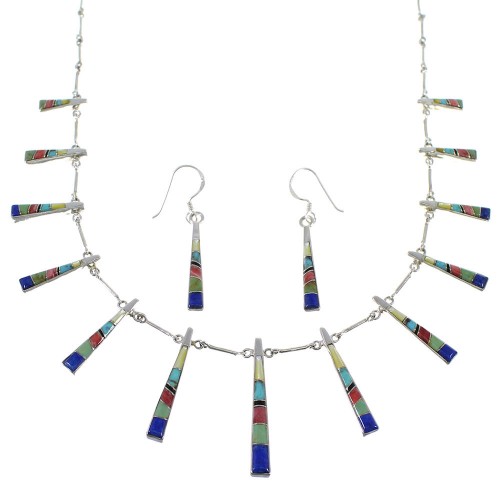 Genuine Sterling Silver Southwest Multicolor Inlay Necklace And Earring Set CX51123
