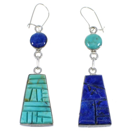 Silver Lapis And Turquoise Inlay Reversible Hook Dangle Earrings AX51757