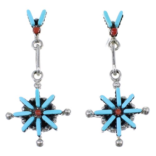 Turquoise And Coral Silver Needlepoint Jewelry Post Dangle Earrings AX51832