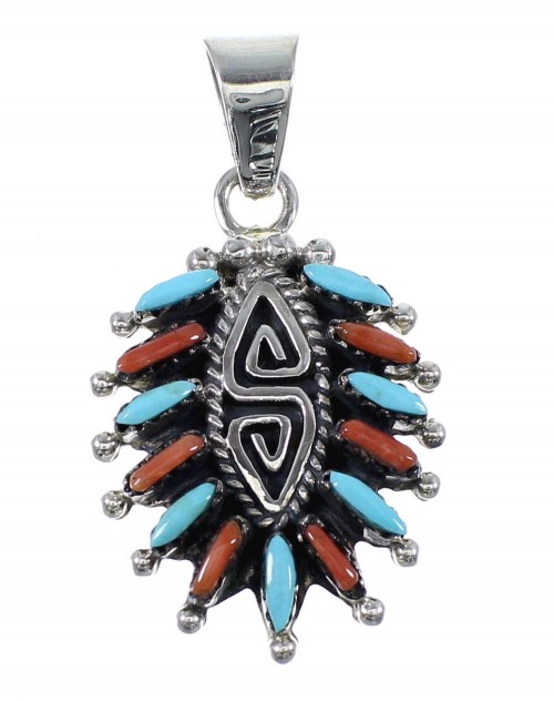 Silver Turquoise And Coral Water Wave Needlepoint Pendant AX51917