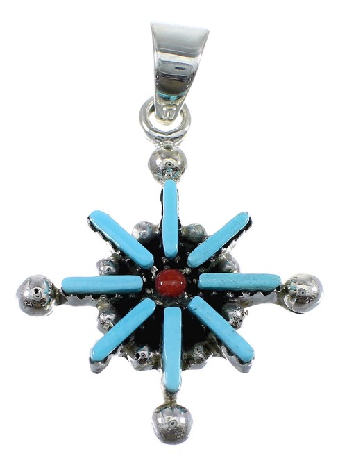 Turquoise And Coral Silver Needlepoint Slide Pendant AX51953