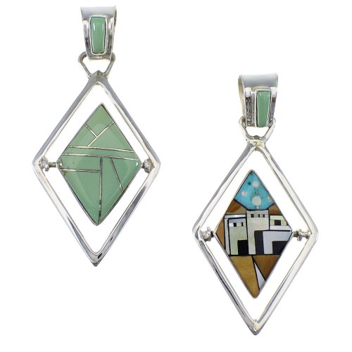 Multicolor Silver Native American Village Design Reversible Pendant AX53124