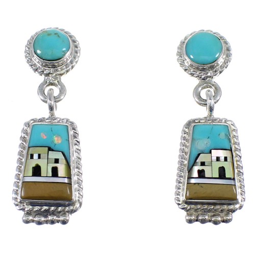 Multicolor Inlay Sterling Silver Native American Village Design Earrings YX53588