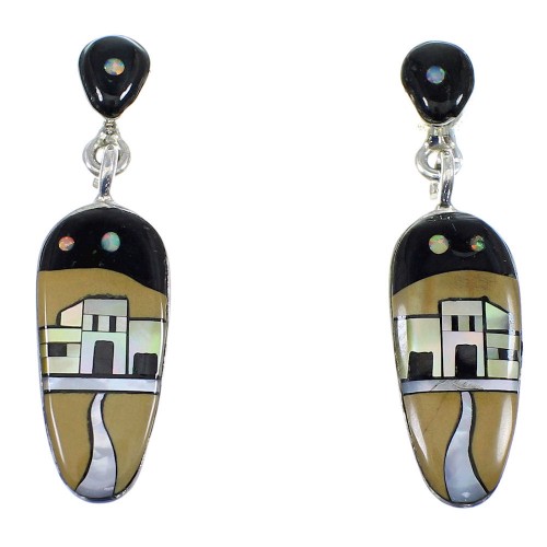 Sterling Silver Multicolor Native American Pueble Design Post Dangle Earrings YX53284