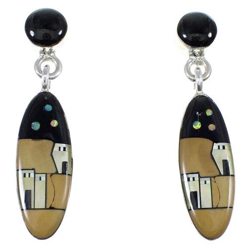 Sterling Silver Multicolor Native American Pueble Design Post Dangle Earrings YX53286