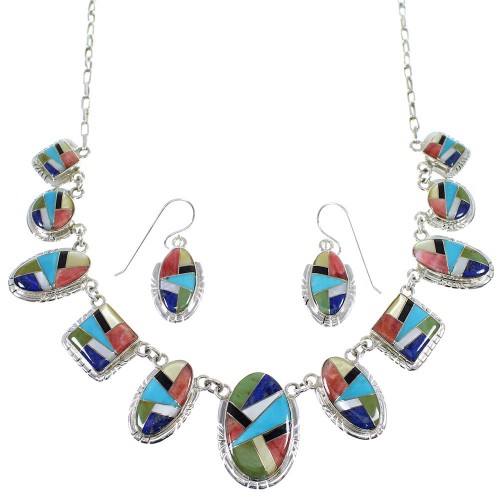 Multicolor Inlay Silver Southwestern Necklace And Earring Set CX52719
