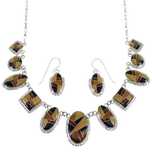 Silver Southwestern Multicolor Inlay Necklace And Earring Set CX52721