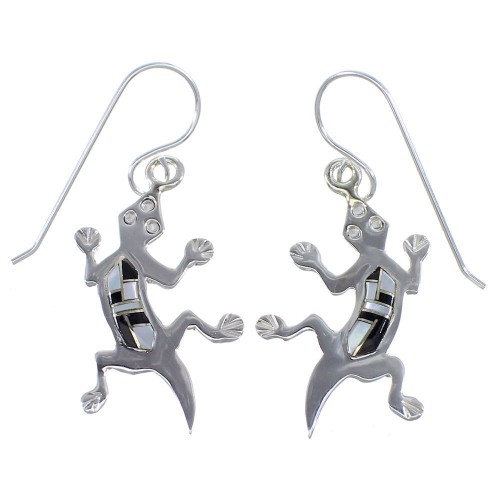 Jet And Mother Of Pearl Sterling Silver Lizard Hook Dangle Earings YX52751