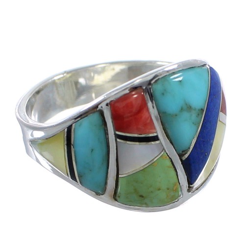 Southwestern Multicolor Inlay Sterling Silver Ring Size 8-3/4 AX53138