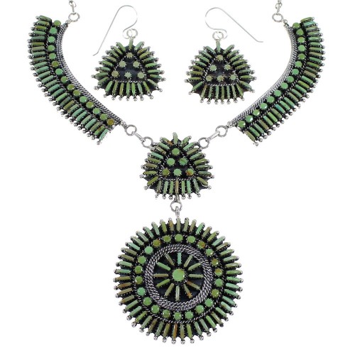 Southwest Needlepoint Turquoise Sterling Silver Necklace And Earring Set CX53703