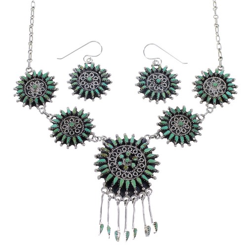 Genuine Sterling Silver Turquoise Needlepoint Necklace And Earring Set EX54070