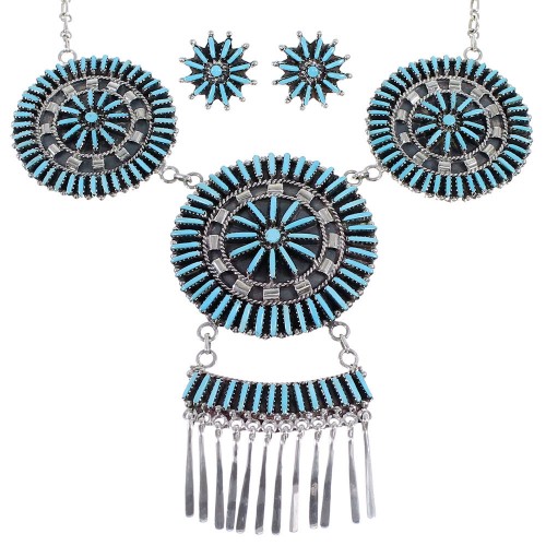 Turquoise Needlepoint Sterling Silver Southwest Necklace And Earring Set EX54073