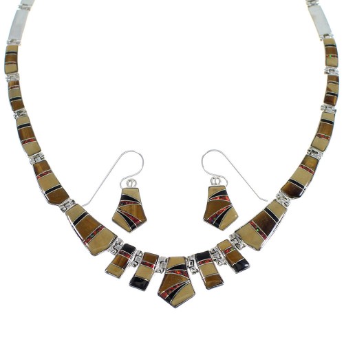 Southwestern Sterling Silver Multicolor Inlay Necklace And Earring Set CX53800