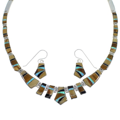 Sterling Silver Southwestern Multicolor Inlay Necklace And Earring Set CX53801
