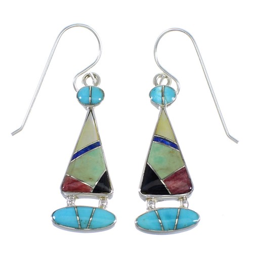 Genuine Sterling Silver Multicolor Inlay Hook Earrings RX55642