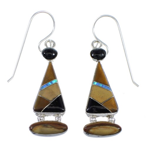 Sterling Silver And Multicolor Inlay Hook Dangle Earrings RX55653