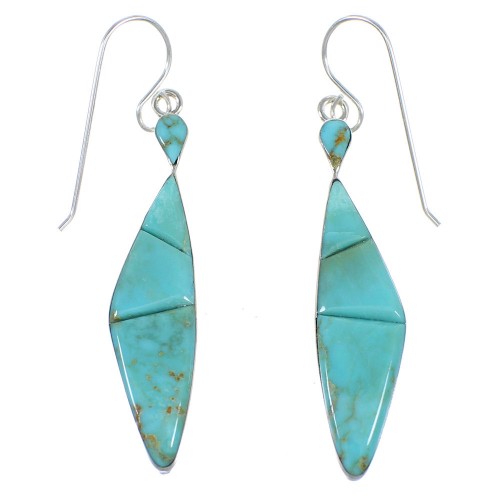 Authentic Sterling Silver Turquoise Inlay Hook Dangle Earrings RX55747