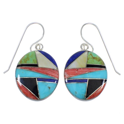 Multicolor Inlay Silver Hook Dangle Earrings RX54888