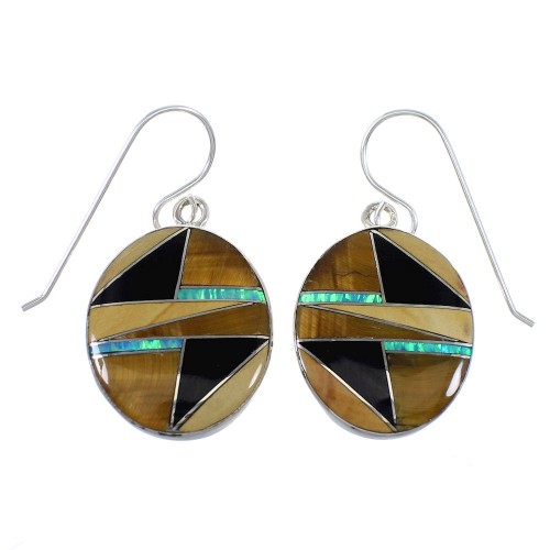 Sterling Silver Multicolor Inlay Hook Dangle Earrings RX54892