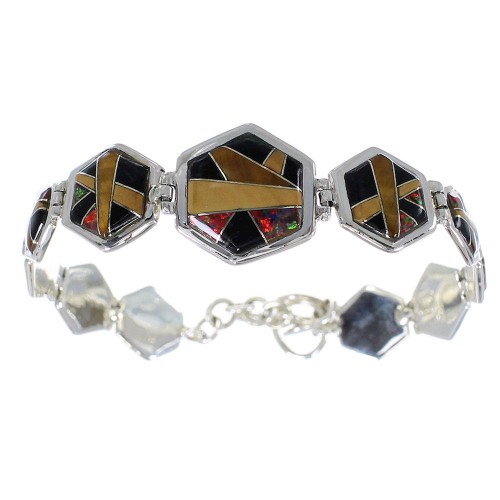 Multicolor Inlay Sterling Silver Link Bracelet AX54128