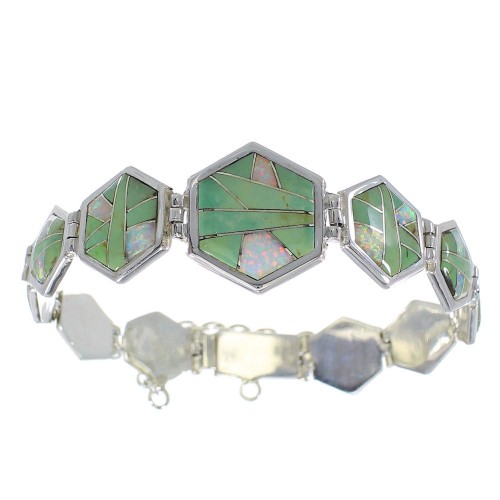 Turquoise And Opal Inlay Silver Southwestern Link Bracelet AX54145